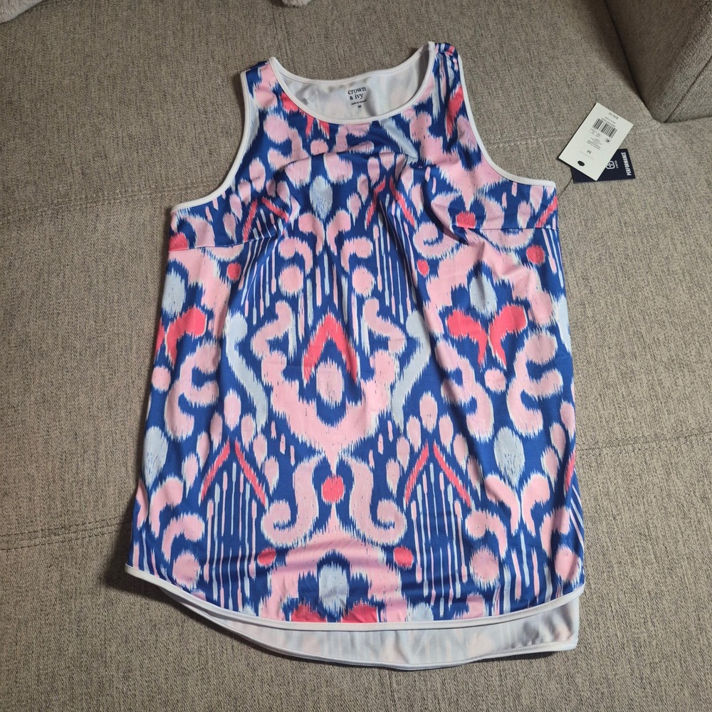 Crown & Ivy Performance Tank Top Womens Medium Pink Blue Ikat Print Sleeveless